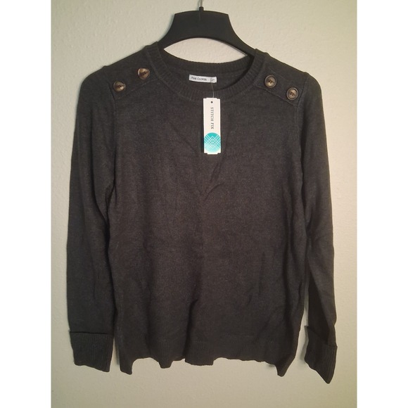 Pink Clover Sweaters - Pink Clover Stitch Fix Womens Grey Button Shoulder Long Sleeve Knit Sweater NWT